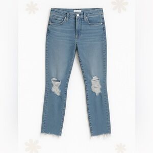 Good American Blue Straight Leg Jeans with Distressed Details